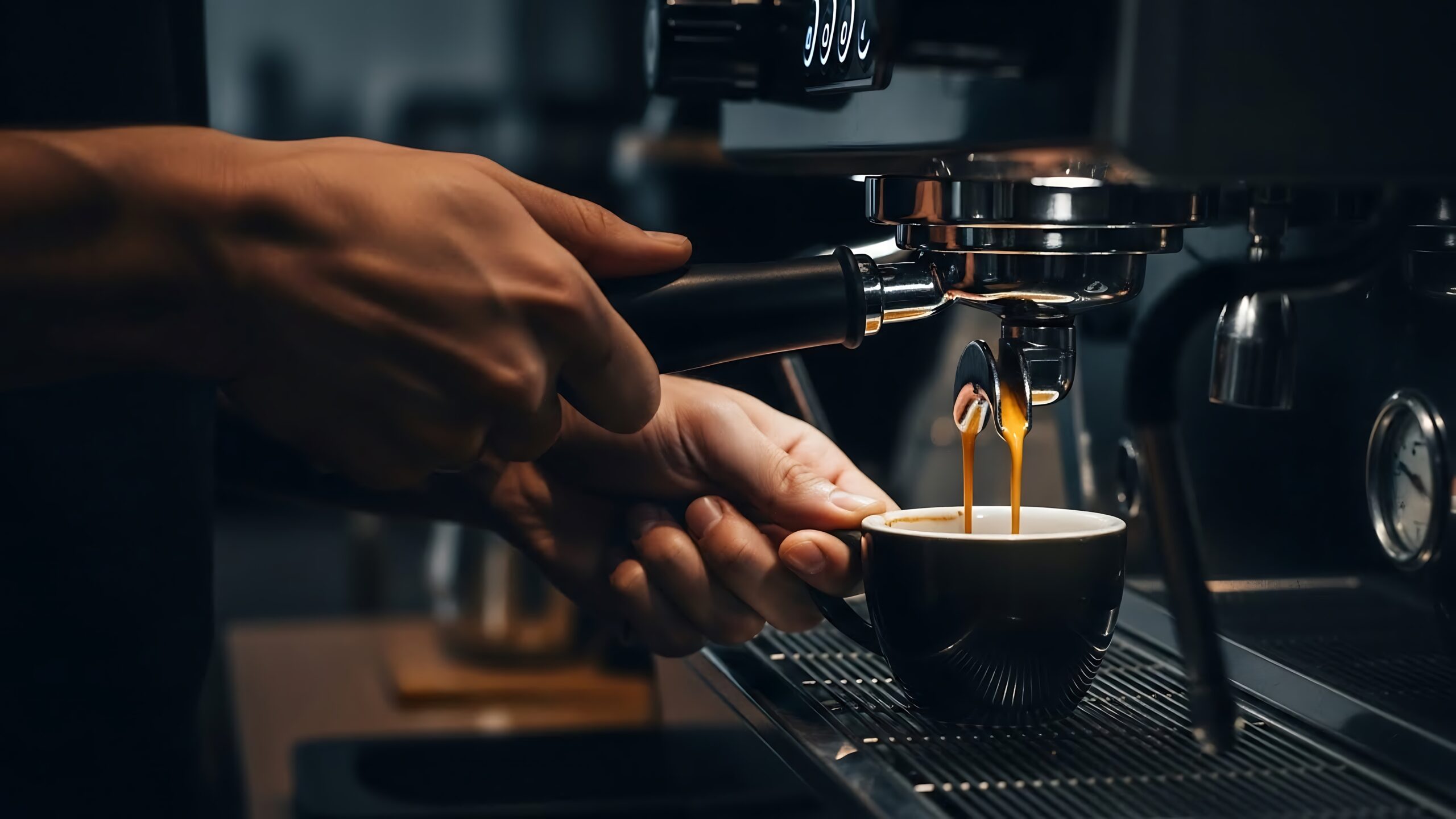 Male barista pulling espresso shot from minimalist machine, dark café setting, cinematic coffee photography for professional branding